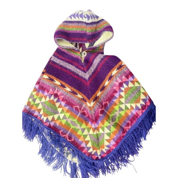 Handmade Toddler Alpaca Wool Poncho with Fringe Hooded Colorful Boho Toddler - Picture 1 of 11